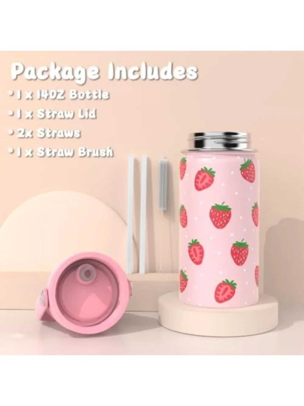 Kids Bento Box Set with Food Jar, Water Bottle & Lunch Bag - Strawberry Design